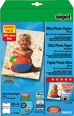 Sigel Inkjet-Ultra-Photopapier Endformat/IP606 10x15cm 260g/qm Inh.20+4