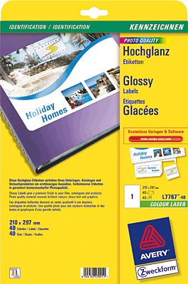 Avery Zweckform Etiketten Glossy/L7767-40 210,0 x 297,0 mm weiß glänzend  Inh.40