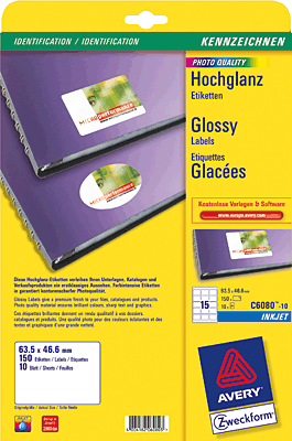 Avery Zweckform Etiketten Glossy/C6080-10 63,5 x 46,6 mm weiß glänzend Inh.150