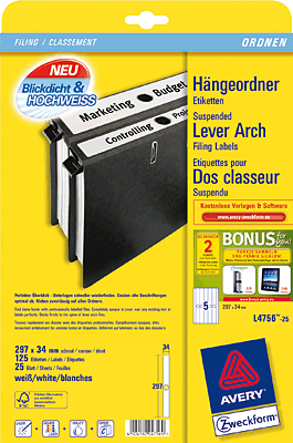 Avery Zweckform Etikett/L4756-25 34 x 297 weiß lang, schmal Inh.25