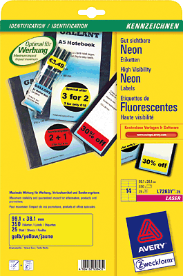 Avery Zweckform Etikett/L7263Y-25 99,1 x 38,1mm neongelb DIN A4 Inh.350
