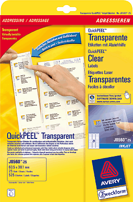 Avery Zeckform Adressetikett Inkjet/J8560-25 63,5x38,1 mm transparent Polyester Inh.525