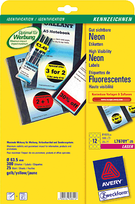 Avery Zweckform Etiketten neongelb rund 63,5mm/L7670Y-25 Ø 63,5mm Inh.300