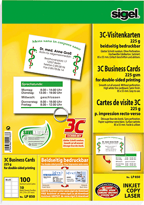 Sigel Visitenkarten 3C/LP850 85x55 mm (A4) hochweiß 225 g/qm Inh.100 ST=10 BL