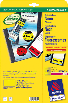 Avery Zweckform Etikett/L7651Y-25 38,1 x 21,2mm neongelb DIN A4 Inh.1625