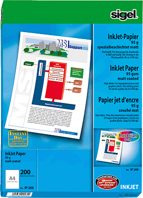 Sigel InkJet-Papier, spezialbeschichtet/IP288 A4 hochweiß 95 g/qm Inh.200