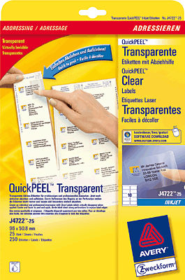 Avery Zweckform Adress-Etiketten/J4722-25 96,0x50,8 mm transparent Polyester Inh.250