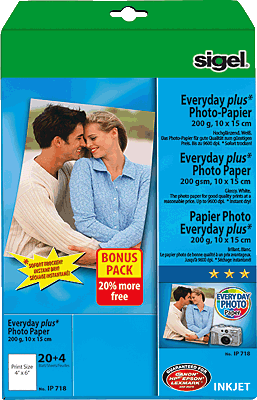 Sigel Inkjet-Photo-Papier Everyday-plus/IP718 10x15 cm weiß 200 g/qm Inh.20+4 BL