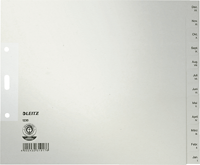Leitz Papierregister/1230-85 A4, 240 mm, 200 mm grau Jan-Dez, halbe Höhe 100g/qm