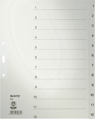 Leitz Papierregister, Zahlen/1233-85 A4, 240 mm, 300 mm grau 1-12 100g/qm