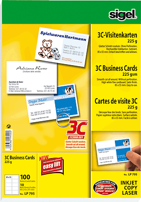 Sigel Visitenkarten 3C/LP795 85x55 mm (A4) hochweiß 225 g/qm Inh.100 ST=10 BL