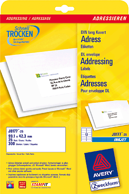 Avery Zweckform Inkjet-Etiketten/J8177-25 99,1x42,3 mm weiß spezialbeschichtet Inh.300