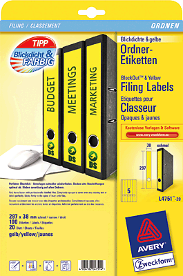 Avery Zweckform Ordnerrücken-Etiketten schmal/lang/L4751-20 gelb Inh.100