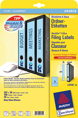 Avery Zweckform Ordnerrücken-Etiketten schmal/lang/L4749-20 blau Inh.100