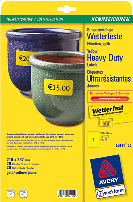 Avery Zweckform Folien-Etiketten wetterfest/L6111-20 210,0 x 297 mm gelb Inh.20