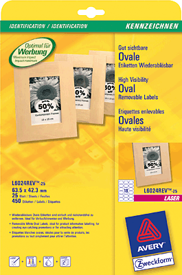 Avery Zweckform InkJet+Laser+Kopier-Etiketten/L6024REV-25 63,5 x 42,3 mm  weiß Inh.450