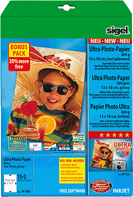 Sigel InkJet-Ultra-Photo-Papier, hochglänzend/IP706 13x18 cm 260 g/qm Inh.15+3