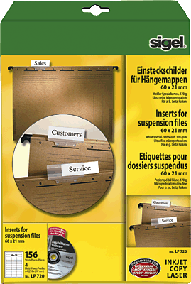 Sigel Einsteckschilder für Hängemappen/LP720 A4 weiß 185 g Inh.156 ST=4 BL