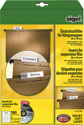 Sigel Einsteckschilder für Hängemappen/LP725 A4 weiß 185 g Inh.180 ST=4 BL